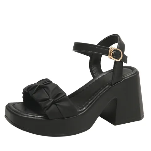 Women Fairy Style High Heel Sandals PU Leather Ruffled Strap Block Heel Platform Ankle Strap Sandals Korean Style Summer Beach Sandals