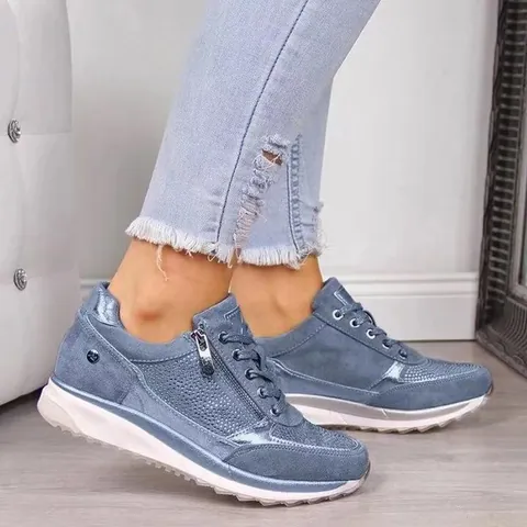 Women Fashion Hidden Wedge Sneakers Rhinestone Studded Platform Casual Shoes Side Zipper Lace Up British Style Shoes