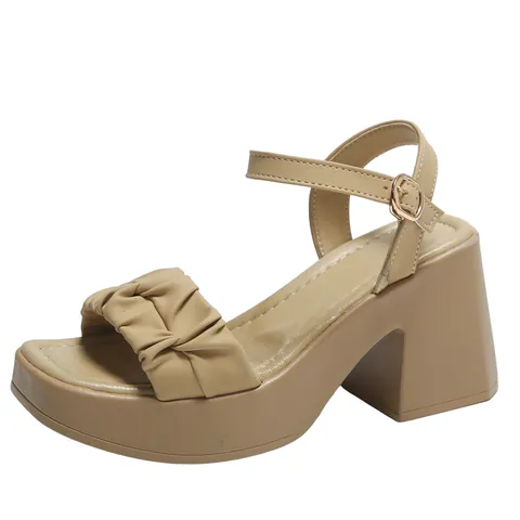 Women Fairy Style High Heel Sandals PU Leather Ruffled Strap Block Heel Platform Ankle Strap Sandals Korean Style Summer Beach Sandals