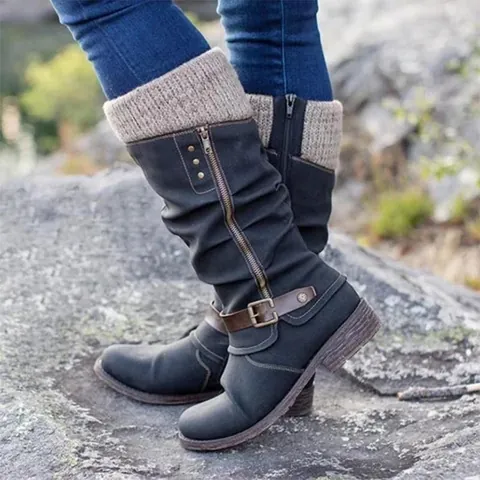 Stivali da Cavaliere Donna Alti al Ginocchio con Inserti in Maglia Stivali Retrò Slouchy Cerniera Laterale Fibbia Scarpe Invernali