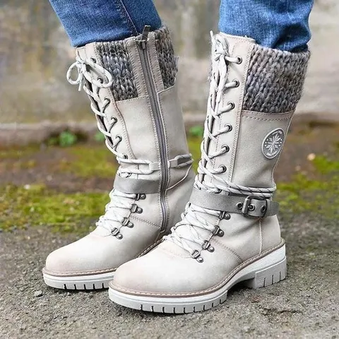 Women's Retro PU Leather Martin Boots With Knitted Cuff Lace-up Side Zipper Block Heel Mid-Calf Winter Boots