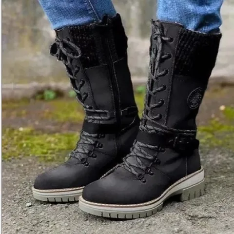 Women's Retro PU Leather Martin Boots With Knitted Cuff Lace-up Side Zipper Block Heel Mid-Calf Winter Boots