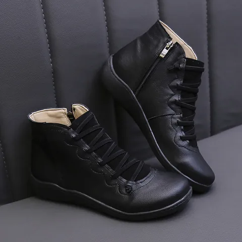 Women's Casual Ankle Boots Faux Leather Side Zipper Low Heel Short Boots Autumn Winter Outdoor Large Size Walking Shoes