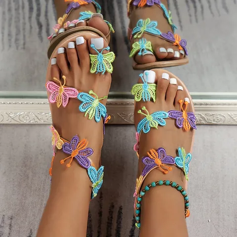 Women's European Bohemian Flat Sandals Embroidered Butterfly Flower Toe Ring Beach Resort Shoes With Ankle Straps Plus Size