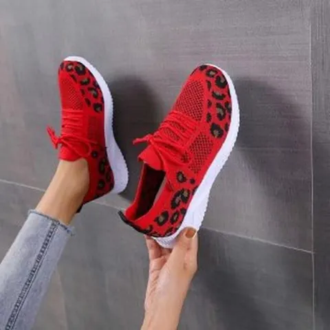 Women Large Size Casual Sports Shoes Mesh Breathable Leopard Print Round Toe Lace-up Flat Comfortable Fashion Sneakers