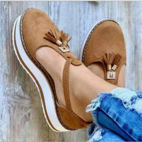 Women's Platform Sandals T-Strap Tassel Wedge Summer Shoes Cloth Upper Rubber Sole Fashion Fringe Thick Bottom Sandals Ladies
