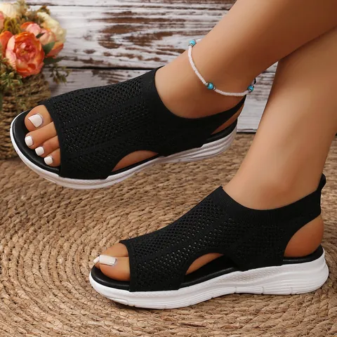 Women's Platform Sport Sandals Breathable Knit Fish Mouth Hollow Out Wedge Casual Walking Shoes Summer Beach Sandals