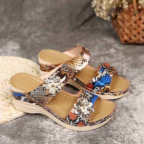 Women's Retro Wedge Sandals Leopard Snake Animal Print Peep Toe Platform Sandals Summer Beach Casual Shoes With Flower Decor