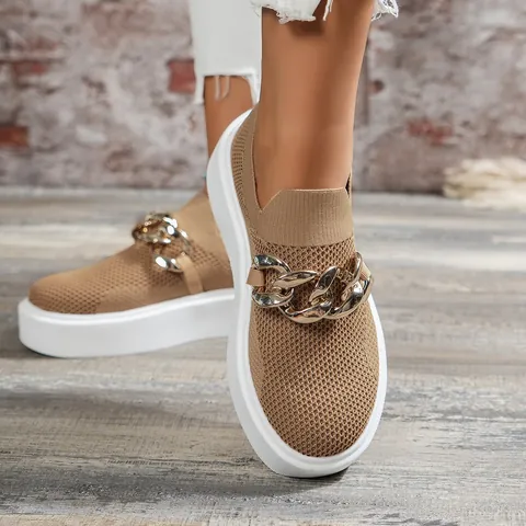 Women Breathable Fly Knit Mesh Slip On Loafers Platform Flat Single Shoes With Metal Chain Decoration Fashion Casual Footwear