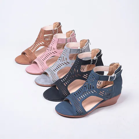 Women Wedge Sandals Laser Cut Hollow Out Open Toe Buckle Strap Back Zipper Fashion Casual Summer Platform Shoes For Daily Wear