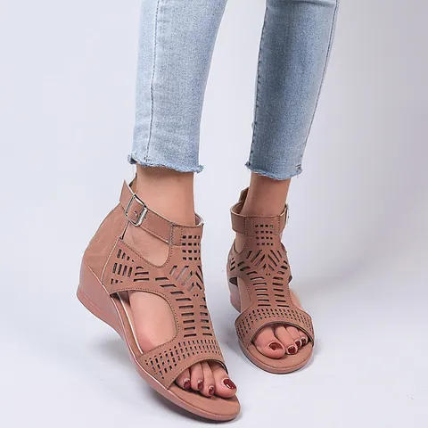 Women Wedge Sandals Laser Cut Hollow Out Open Toe Buckle Strap Back Zipper Fashion Casual Summer Platform Shoes For Daily Wear
