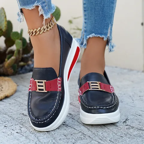 Women Platform Loafers PU Leather Casual Slip On Shoes With Metal Buckle Round Toe Contrast Stitching Comfortable Daily Flats