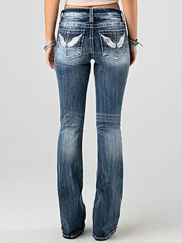 Women High Waist Flare Jeans Stretchy Denim Pants Heavy Wash Embroidered Wing Pocket Western Style Bootcut Trousers