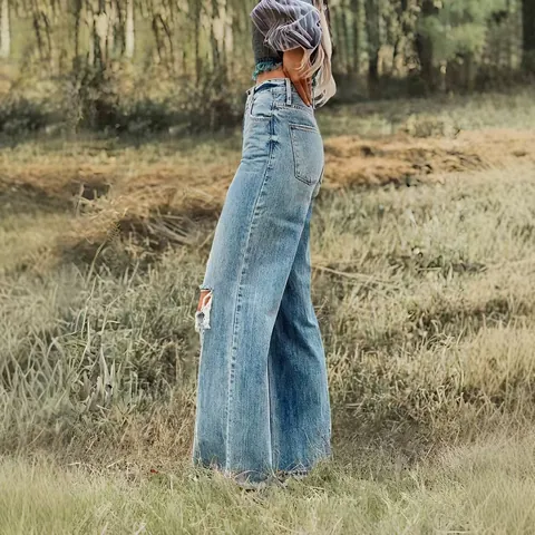 Dames High Waisted Gescheurde Wijde Pijpen Jeans Distressed Denim Broek Wolk Wassing Elastische Streetwear Onderkant