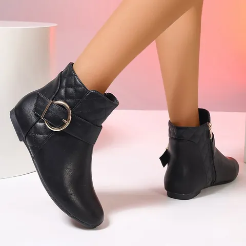 Dames Mode Chelsea Boots Platte Zijrits Grote Gesp Doorgestikte Enkellaarsjes Casual Effen Kleur Herfst Winter Schoenen