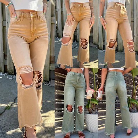 Women High Waisted Ripped Denim Jeans Western Street Wear Cotton Frayed Hem Washed Distressed Loose Fit Wide Leg Straight Pants