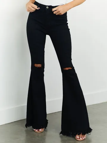 Damen Schlagjeans Mit Rissen Schmale Passform Schwarz Mittlere Taille Denim Hose Mit Fransensaum Bell Bottom Elastische Jeans