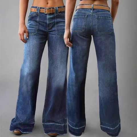 Women Retro High Waist Wide Leg Jeans Dark Blue Washed Denim Straight Trousers With Belt Raw Hem Patch Pockets Casual Bottom