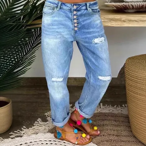 Jean Décontracté à Taille Haute pour Femme Coupe Droite Déchirée Bleu Clair Délavé Pantalon en Denim Usé Braguette à Boutons