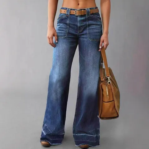 Women Retro High Waist Wide Leg Jeans Dark Blue Washed Denim Straight Trousers With Belt Raw Hem Patch Pockets Casual Bottom
