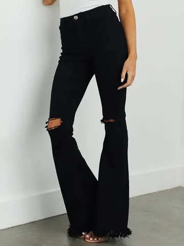 Damen Schlagjeans Mit Rissen Schmale Passform Schwarz Mittlere Taille Denim Hose Mit Fransensaum Bell Bottom Elastische Jeans