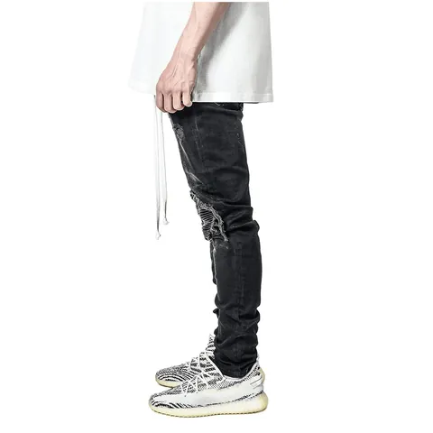 Men's Slim Fit Ripped Biker Jeans Distressed Stretch Denim Pants With Patches Hip Hop Streetwear Black Gray Jeans