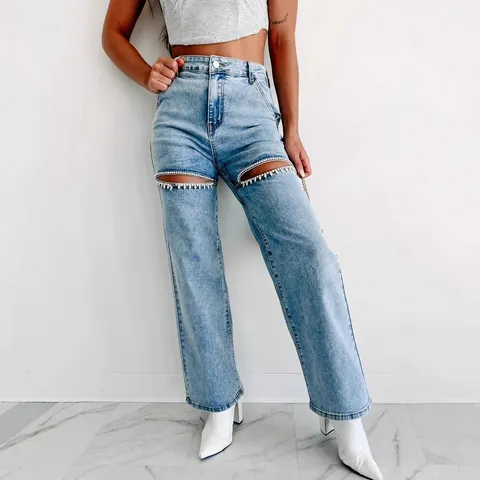 Women High Waist Straight Leg Jeans Washed Denim Pants With Rhinestone Chain Distressed Cutout Streetwear Fashion Long Trousers
