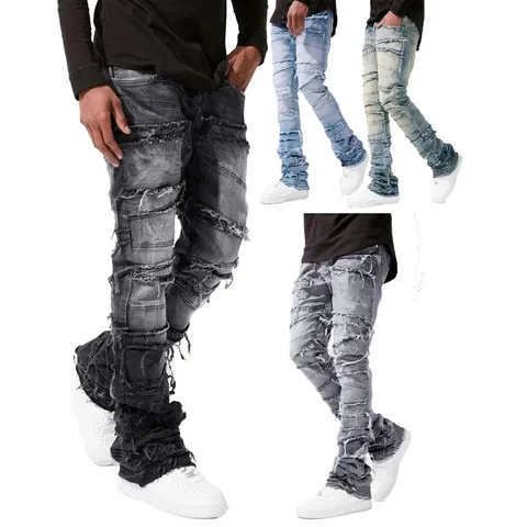 Men's Stacked Jeans Distressed Patchwork Denim Pants Streetwear High Street Washed Straight Leg Trousers For Men