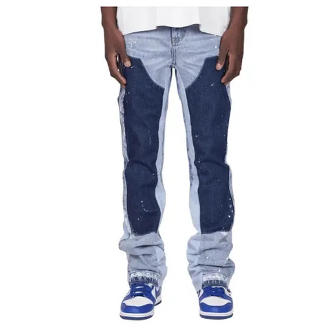 Men's European Fashion Patchwork Stacked Flare Cargo Jeans With Paint Splatter Streetwear Denim Multi-Pocket Pants For Daily
