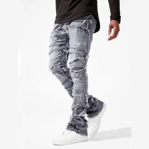 Men's Stacked Jeans Distressed Patchwork Denim Pants Streetwear High Street Washed Straight Leg Trousers For Men