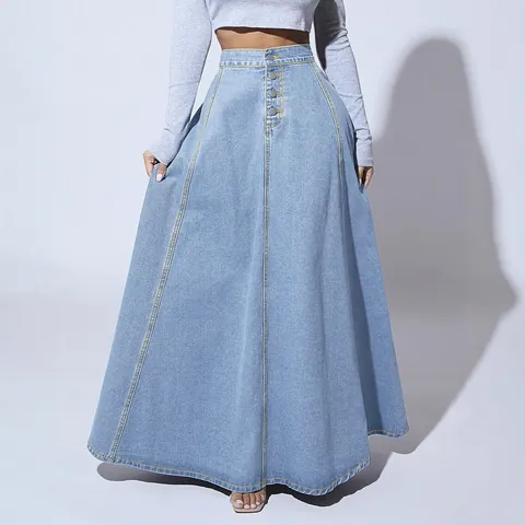Women's High Waist Denim Maxi Skirt Single Breasted A-Line Washed Cotton Blend Skirt With Contrast Stitching Streetwear