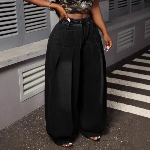 Plus Size Vintage Washed Pleated Wide Leg Jeans Women High Waist Elastic Lantern Denim Pants Retro Casual Streetwear Bottom