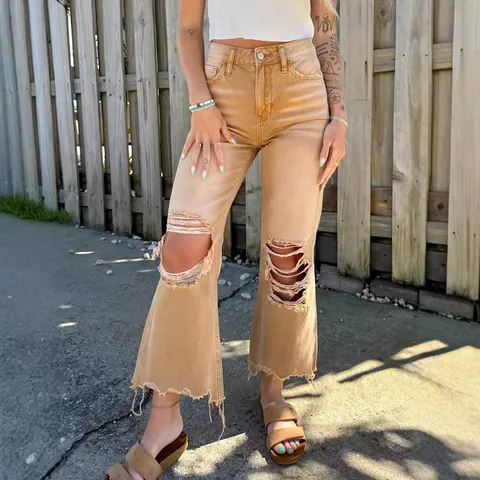 Women High Waisted Ripped Denim Jeans Western Street Wear Cotton Frayed Hem Washed Distressed Loose Fit Wide Leg Straight Pants