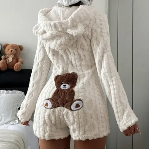 Women Plush Hooded Romper Long Sleeve Cable Knit Fleece Jumpsuit With Teddy Bear Patch Solid Color Loungewear For Home Casual