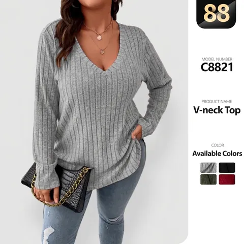 T-Shirt à Manches Longues et Col en V pour Femmes de Grande Taille Couleur Unie Texture Brossée Décontractée Haut Ample