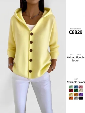 Women Casual Hooded Knit Cardigan Loose Solid Color Button Down Sweater Jacket Long Sleeve Outerwear Top
