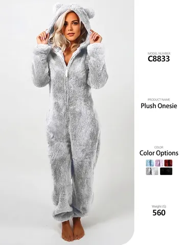 Women's Casual Plush Hooded Onesie Long Sleeve Zipper Front Bear Ear Loungewear Warm Polyester Fleece Jumpsuit