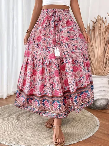 Women Bohemian Floral Print Smocked High Waist Maxi Skirt Retro Ethnic Tiered A-Line Skirt Bottom With Tassels Cotton Blend