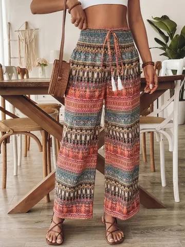 Women Bohemian Print High Waist Elastic Long Pants Ethnic Style Wide Leg Casual Summer Beach Vacation Trousers With Tassels