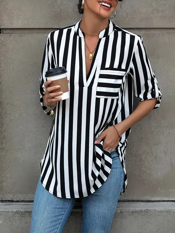 Top in Stile Francese a Righe Con Scollo a V per Donna Camicetta a Manica Lunga Con Orlo Irregolare Top in Poliestere Casuale