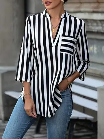 Top in Stile Francese a Righe Con Scollo a V per Donna Camicetta a Manica Lunga Con Orlo Irregolare Top in Poliestere Casuale