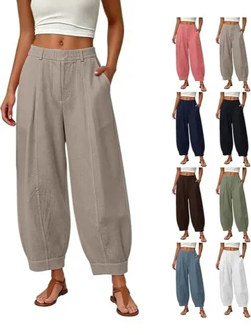 Women's Cotton Linen Harem Pants High Waist Loose Fit Cropped Tapered Trousers Casual Solid Color Slimming Bottoms