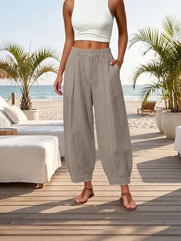 Women's Cotton Linen Harem Pants High Waist Loose Fit Cropped Tapered Trousers Casual Solid Color Slimming Bottoms