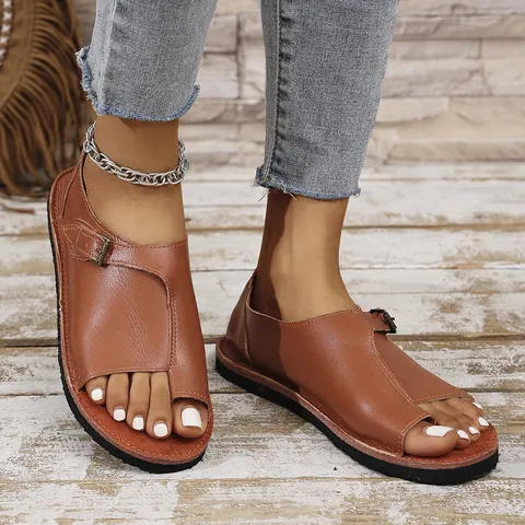 Women's Casual PU Leather Toe Ring Sandals Summer Flat Buckle Beach Shoes European Bohemian Style Solid Color Slide Sandals