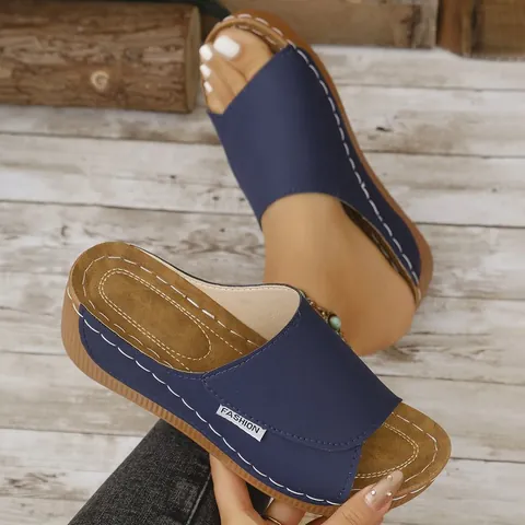Women Casual Head Layer Cowhide Wedge Slides Peep Toe Platform Sandals Contrast Stitching Fashion Summer Beach Shoes