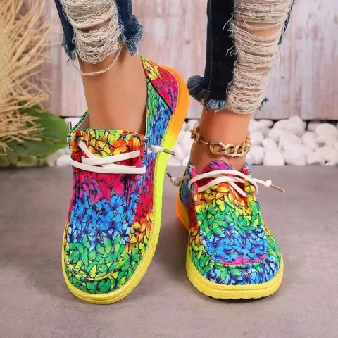 Women Low Top Canvas Shoes Multicolor Graffiti Flat Loafers Breathable Lace Up Walking Shoes For Casual Daily Travel