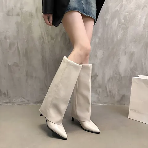 Women Fashion Pointed Toe Stiletto Heel Gaiter Boots PU Leather Fold Over Mid-Calf Boots Western Style Autumn Winter Boots