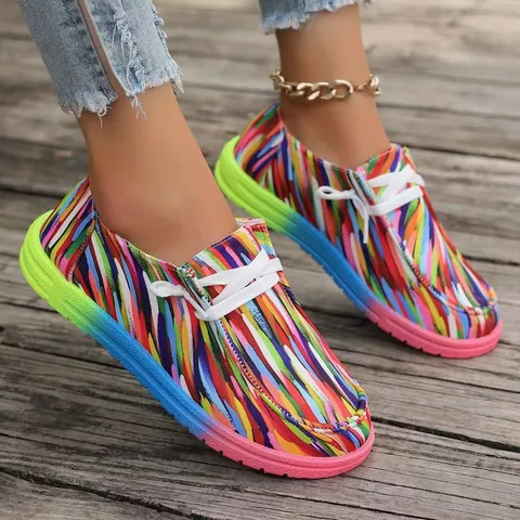 Women Low Top Canvas Shoes Multicolor Graffiti Flat Loafers Breathable Lace Up Walking Shoes For Casual Daily Travel