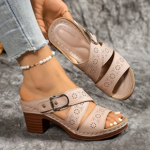 Women Retro Roman Style Laser Cut-out Chunky Heel Sandals With Metal Buckle PU Leather Open Toe High Heel Summer Mules