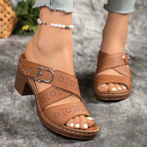 Women Retro Roman Style Laser Cut-out Chunky Heel Sandals With Metal Buckle PU Leather Open Toe High Heel Summer Mules